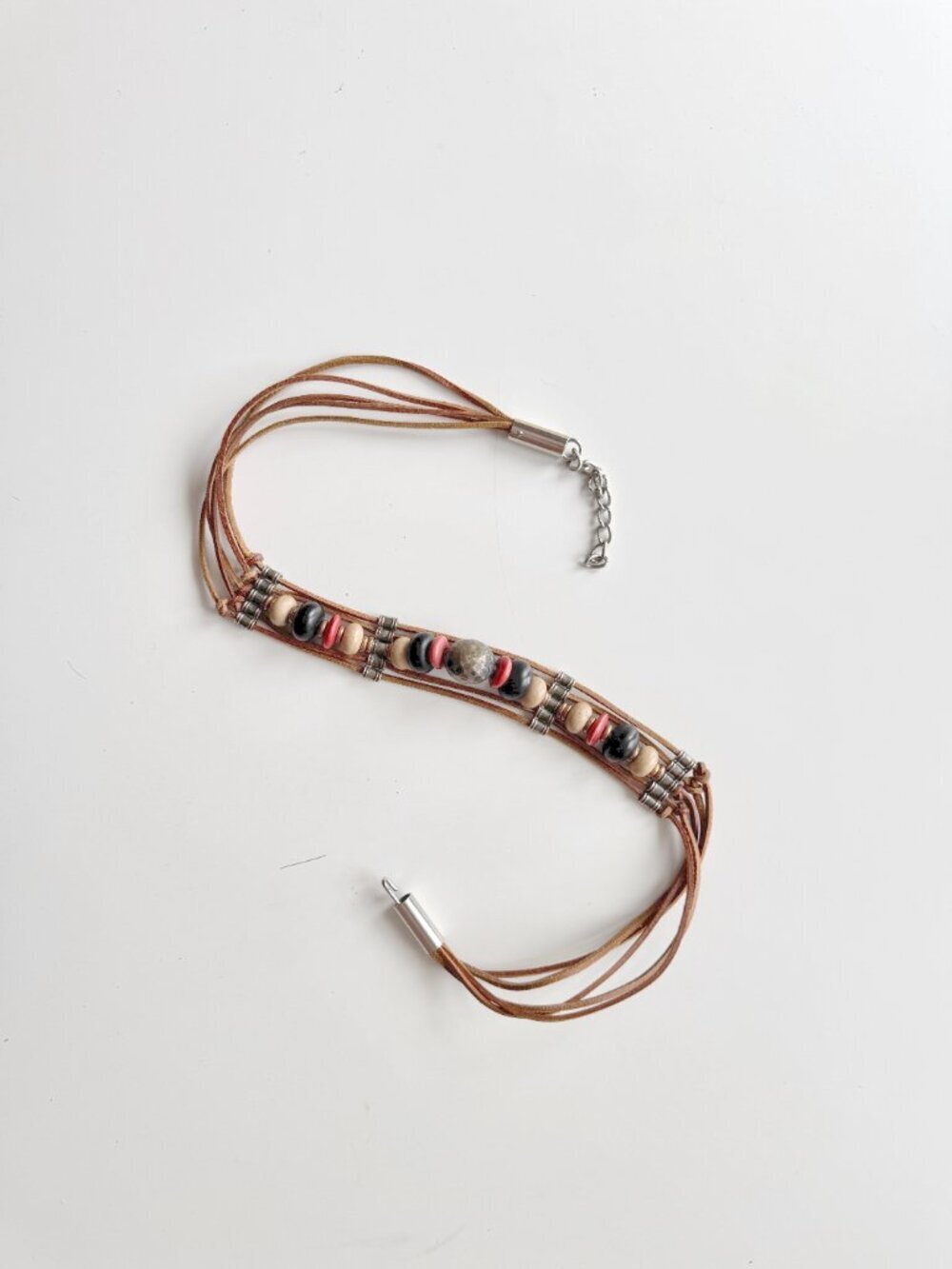 Vintage Brown Suede Leather Beaded Belt, One Size